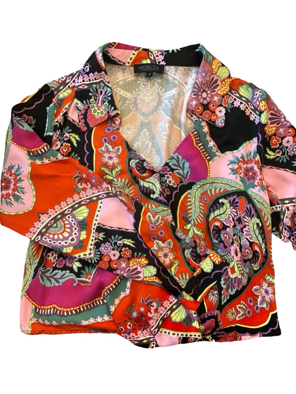 Rachel Zoe Multicolor Paisley Button-Front Crop Shirt, Size Medium.